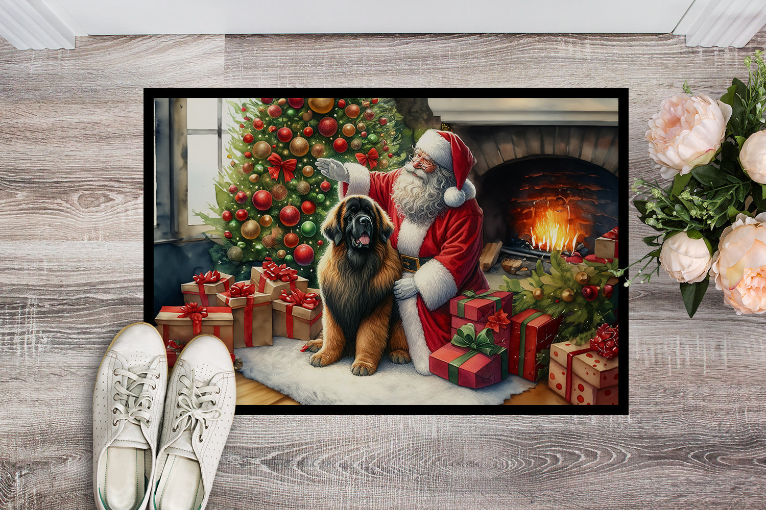 Leonberger and Santa Claus Doormat Indoor Outdoor 18H X 27W Front Door Mat Rugs for Entryway, Non Slip Washable