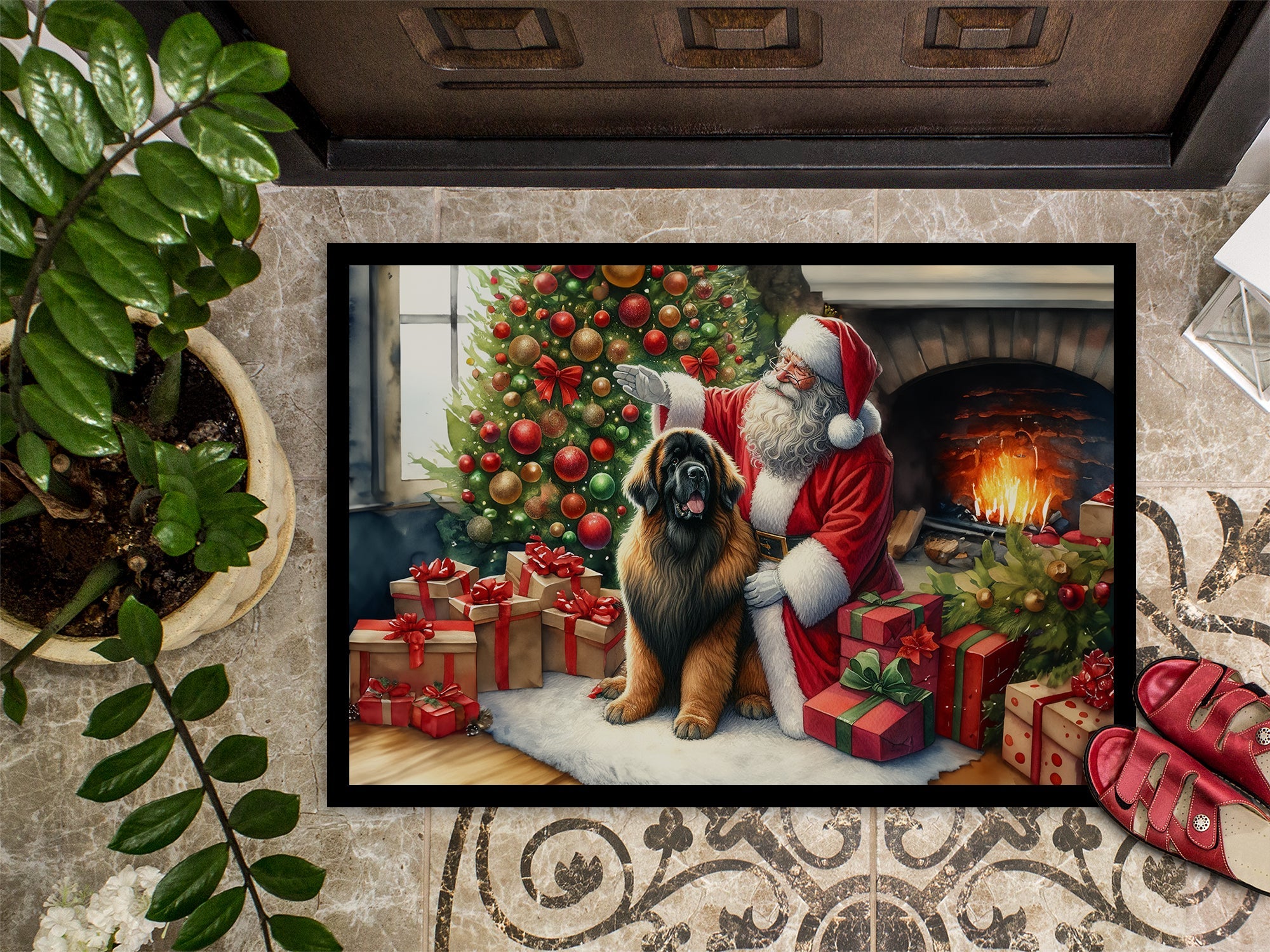 Leonberger and Santa Claus Doormat Indoor Outdoor 18H X 27W Front Door Mat Rugs for Entryway, Non Slip Washable