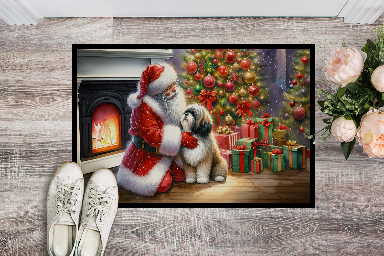 Lhasa Apso and Santa Claus Doormat Indoor Outdoor 24H X 36W Front Door Mat Rugs for Entryway, Non Slip Washable Low Pile,
