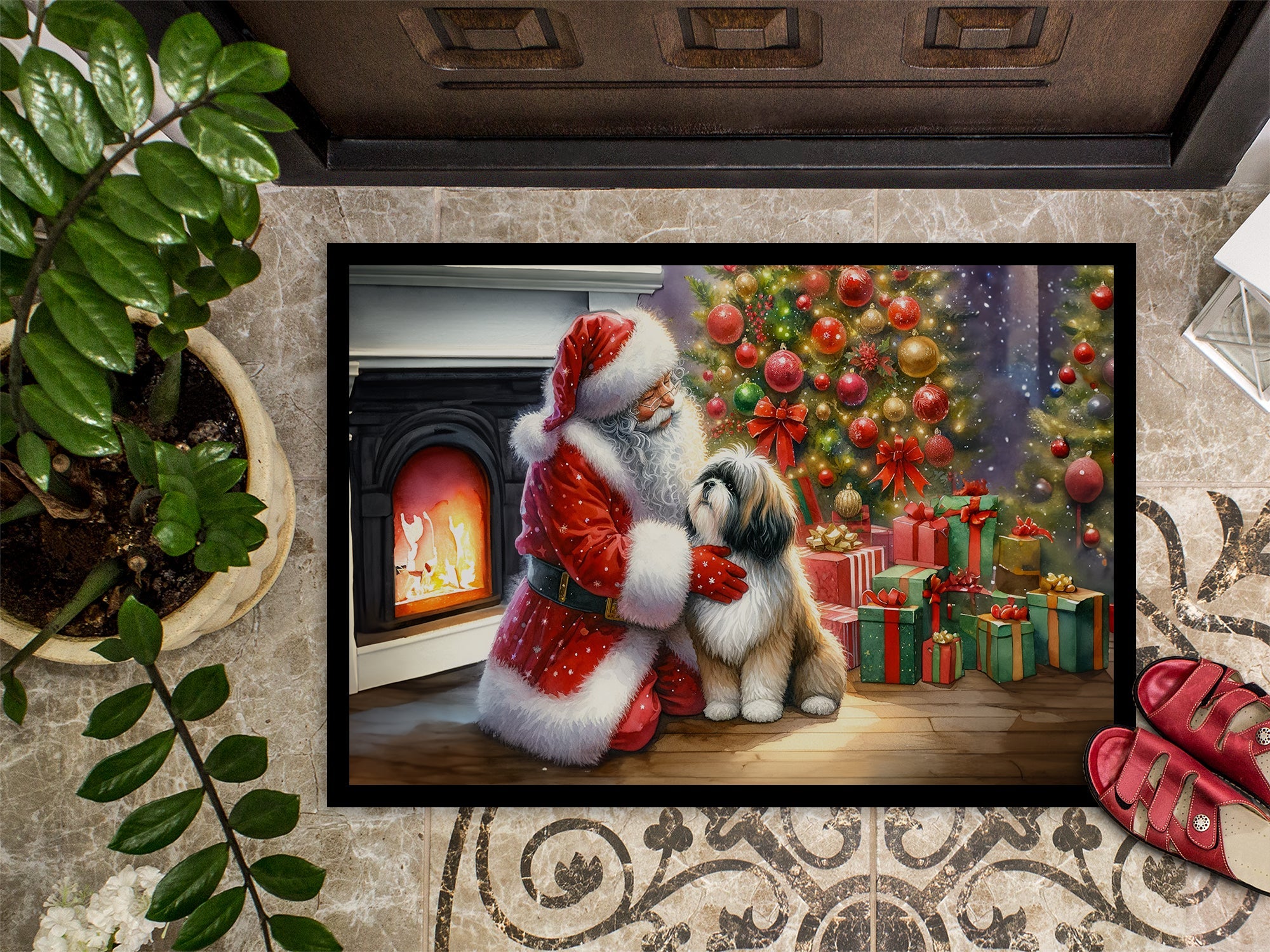 Lhasa Apso and Santa Claus Doormat Indoor Outdoor 24H X 36W Front Door Mat Rugs for Entryway, Non Slip Washable Low Pile,