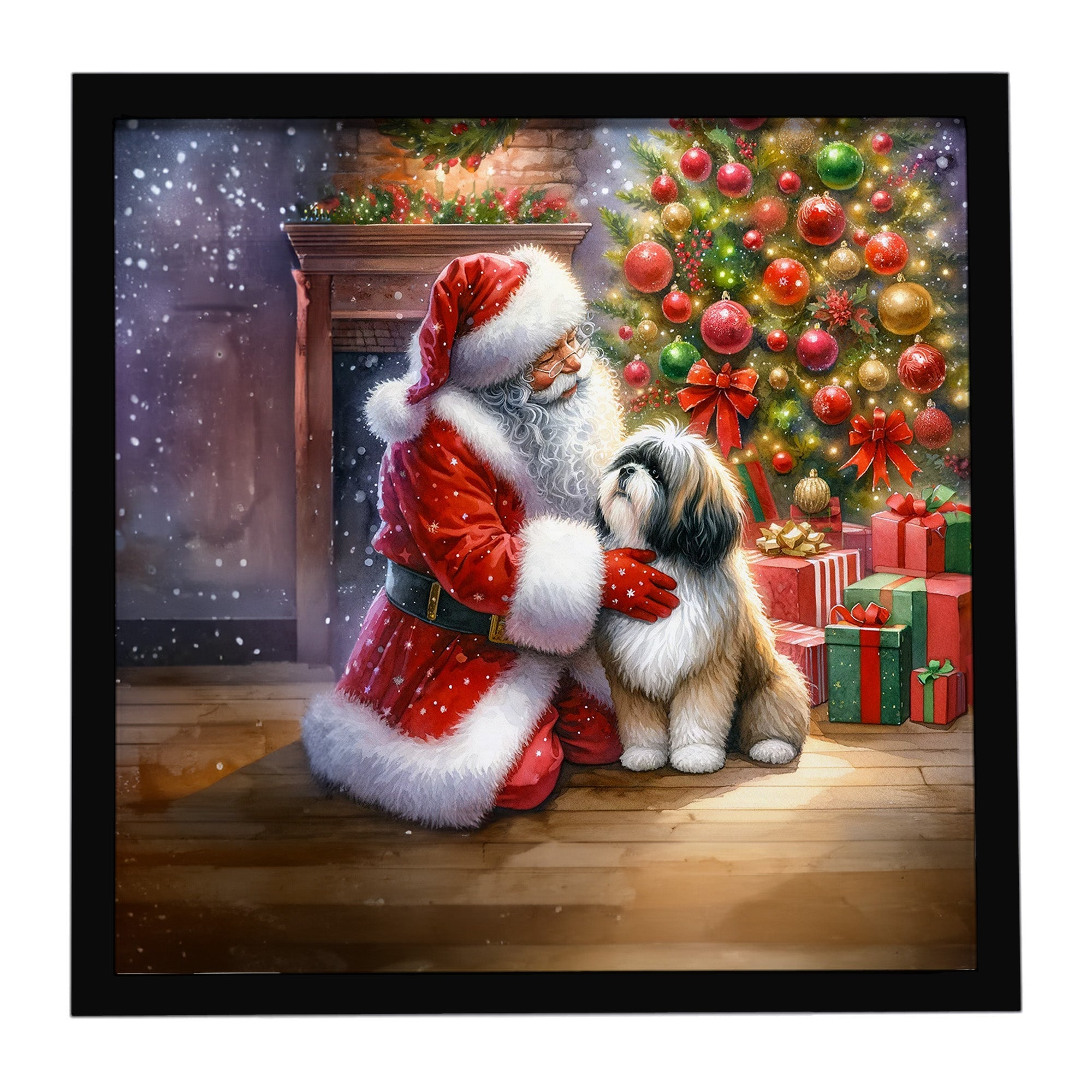 Lhasa Apso and Santa Claus Framed Metal Print Bathroom, Kitchen, Office, Home Decor Wall Art Ready to Hang, Square, 8X8
