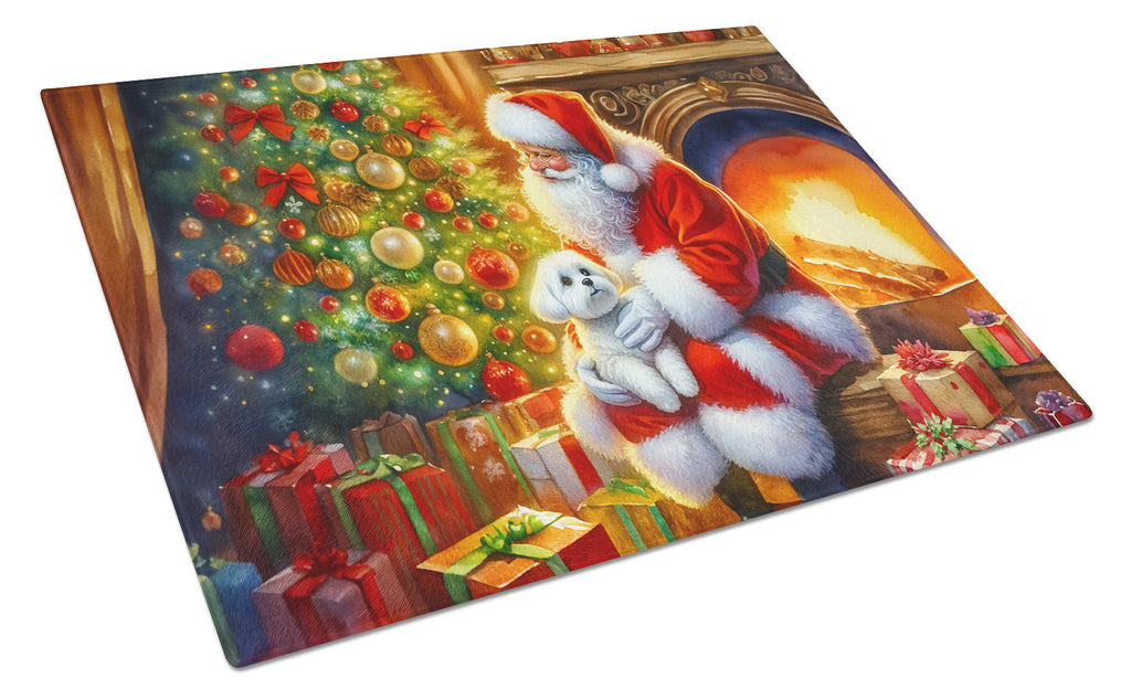 Maltese and Santa Claus Cutting Board Tempered Glass Kitchen Cutting Surface, Heat Resistant Chopping, Non-Slip Feet, Food Prep & Serving