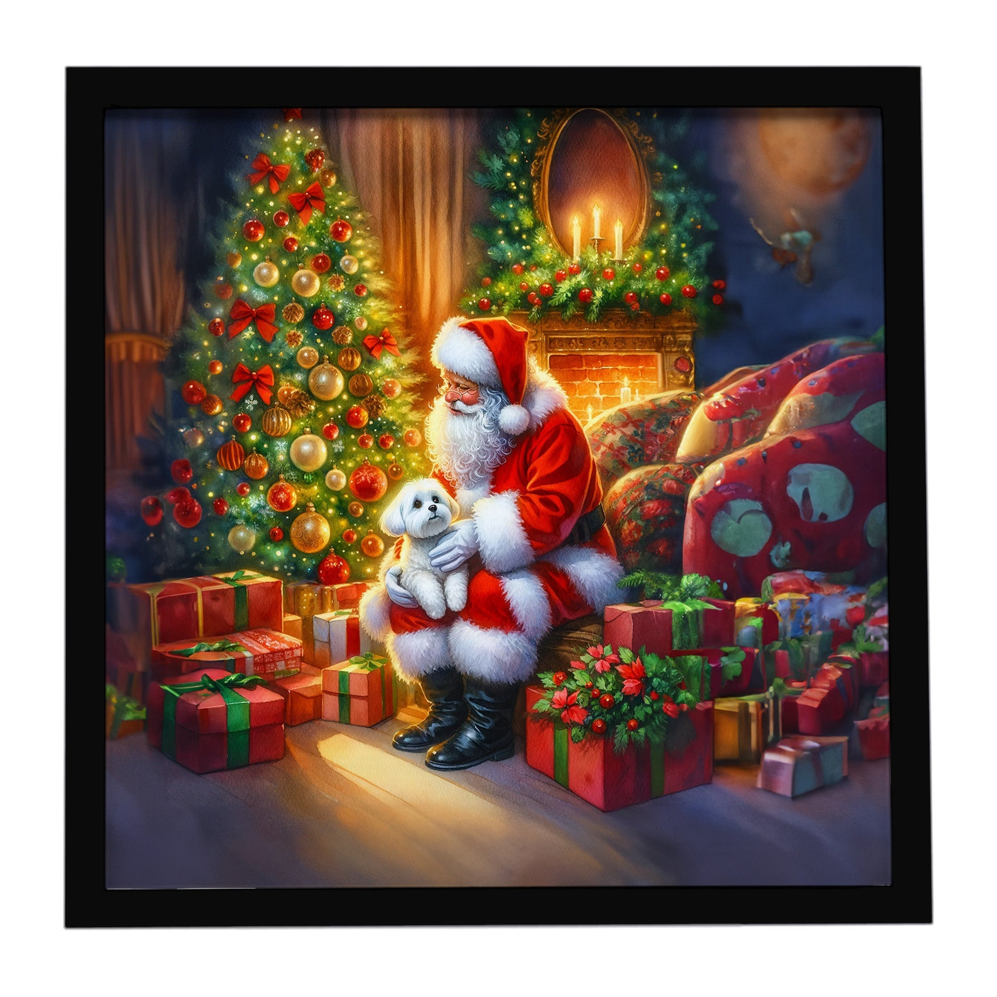 Maltese and Santa Claus Framed Metal Print Bathroom, Kitchen, Office, Home Decor Wall Art Ready to Hang, Square, 8X8