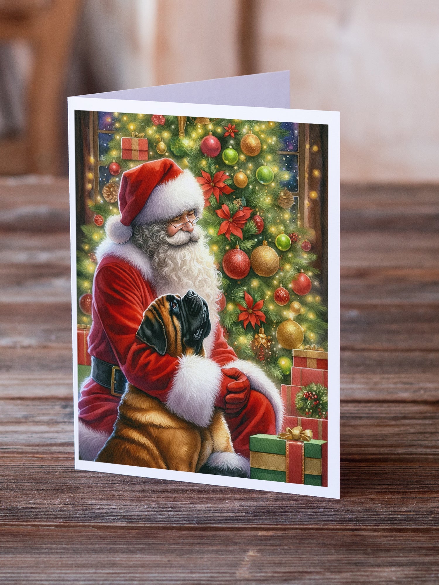 Mastiff and Santa Claus Greeting Cards Pack of 8 Blank Cards with Envelopes Whimsical A7 Size 5x7