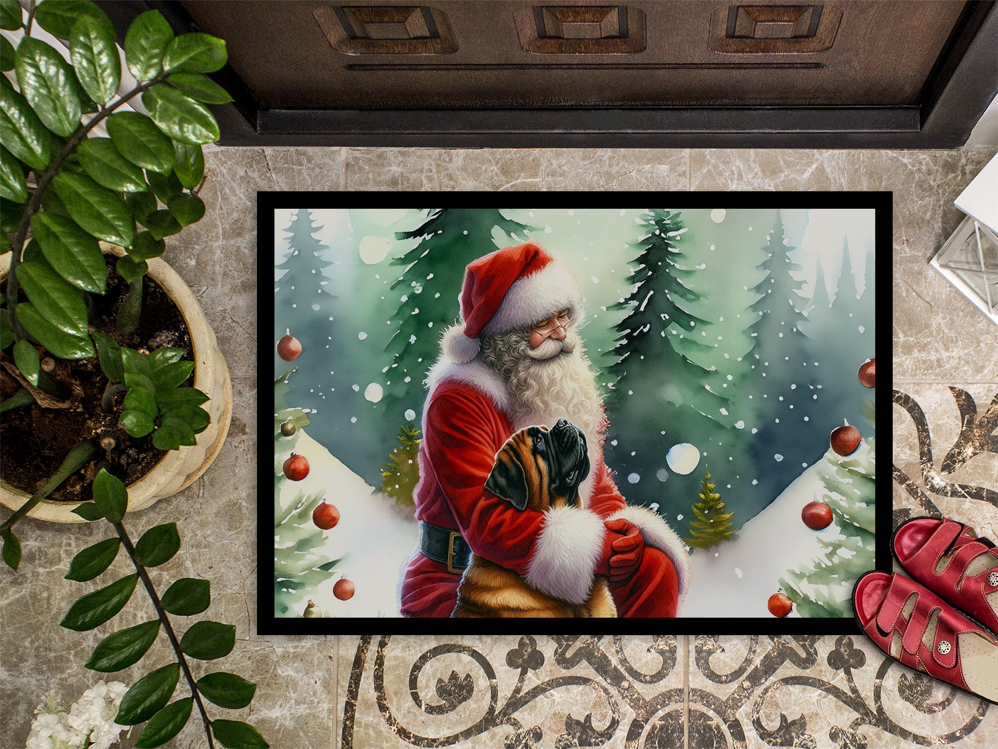 Mastiff and Santa Claus Doormat Indoor Outdoor 24H X 36W Front Door Mat Rugs for Entryway, Non Slip Washable Low Pile,