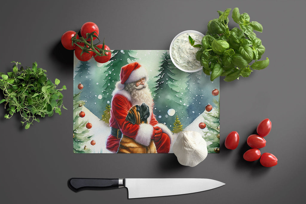 Mastiff and Santa Claus Cutting Board Tempered Glass Kitchen Cutting Surface, Heat Resistant Chopping, Non-Slip Feet, Food Prep & Serving