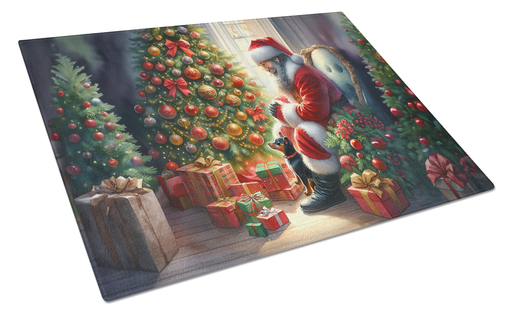Miniature Pinscher and Santa Claus Cutting Board Tempered Glass Kitchen Cutting Surface, Heat Resistant Chopping, Non-Slip Feet, Food Prep & Serving