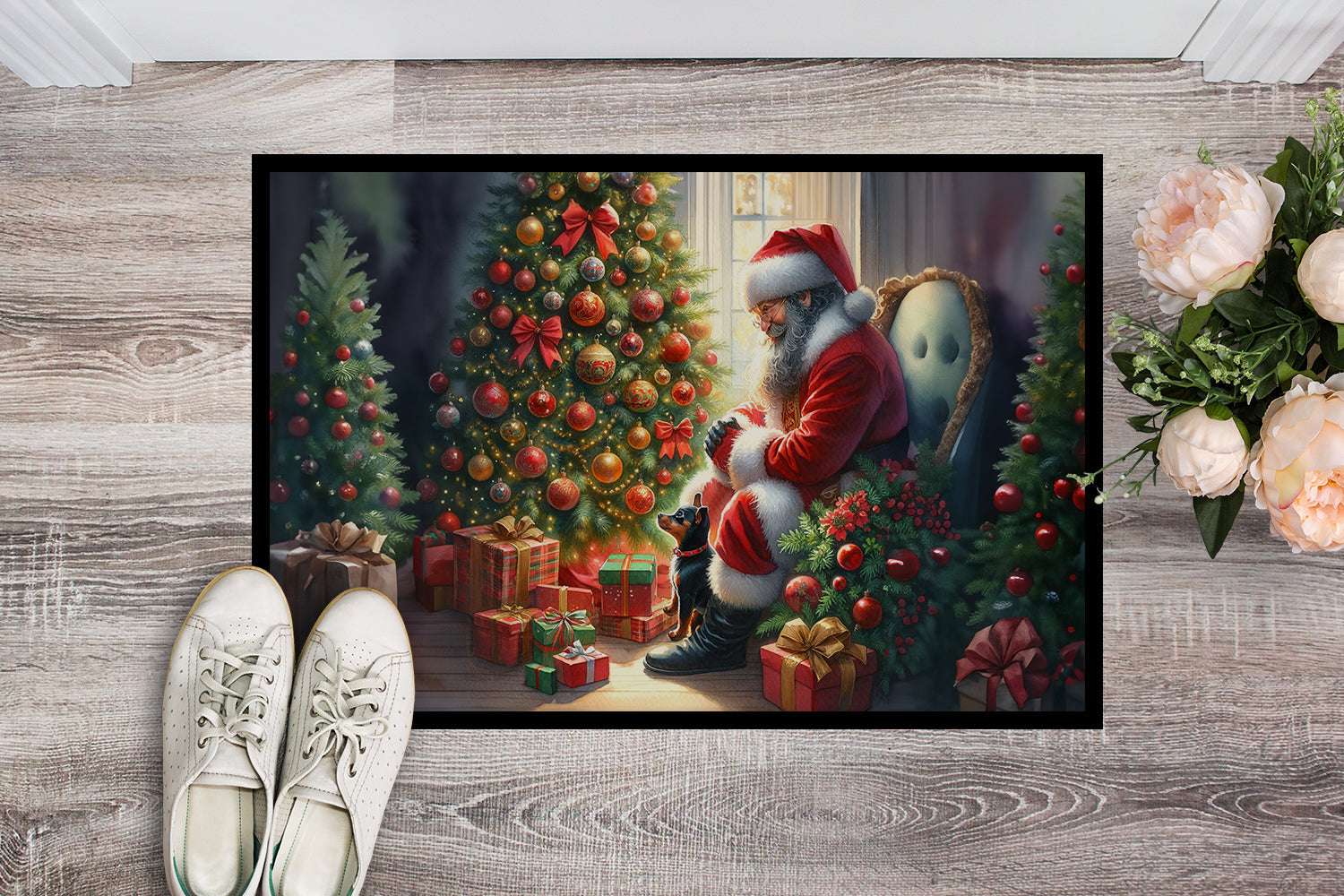 Miniature Pinscher and Santa Claus Doormat Indoor Outdoor 18H X 27W Front Door Mat Rugs for Entryway, Non Slip Washable