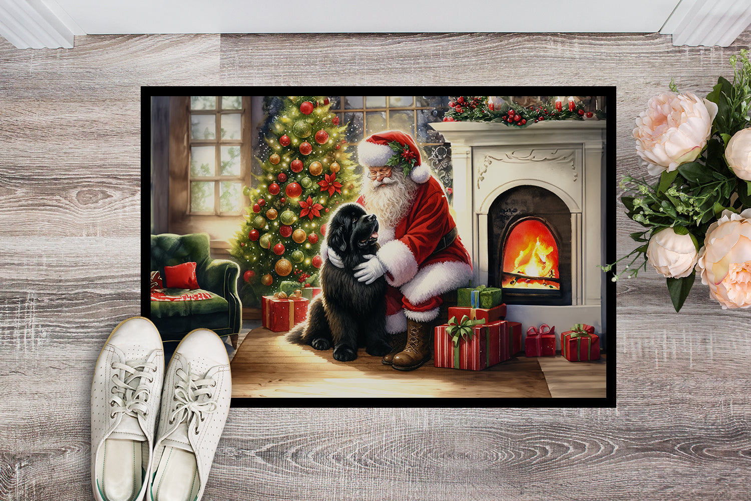 Newfoundland and Santa Claus Doormat Indoor Outdoor 24H X 36W Front Door Mat Rugs for Entryway, Non Slip Washable Low Pile,
