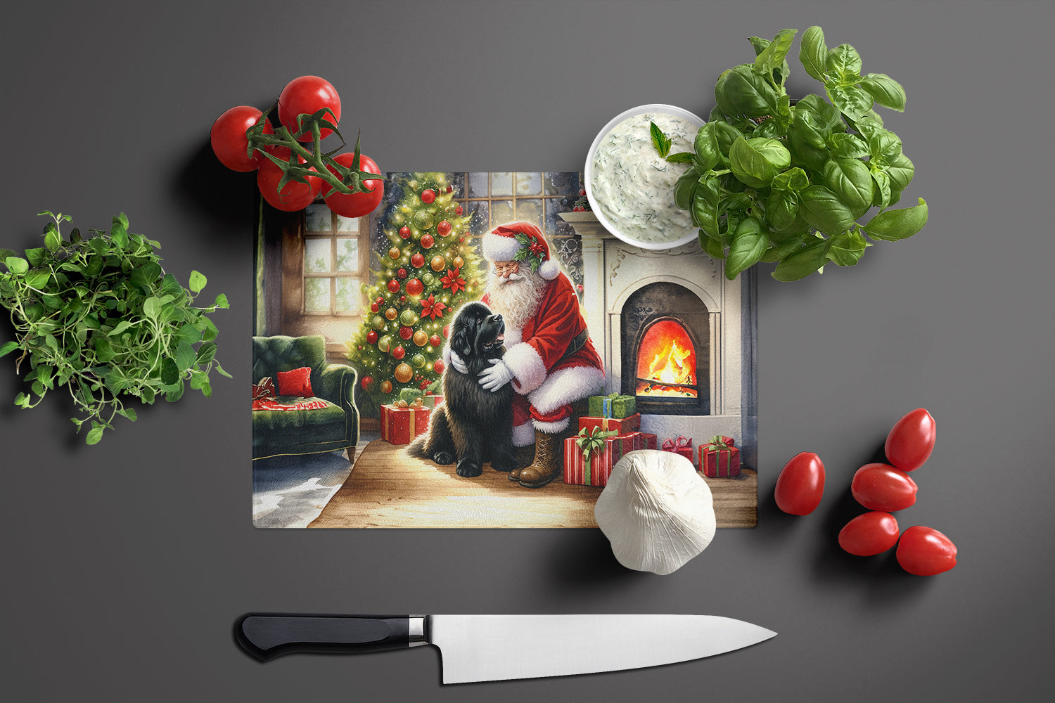 Newfoundland and Santa Claus Cutting Board Tempered Glass Kitchen Cutting Surface, Heat Resistant Chopping, Non-Slip Feet, Food Prep & Serving
