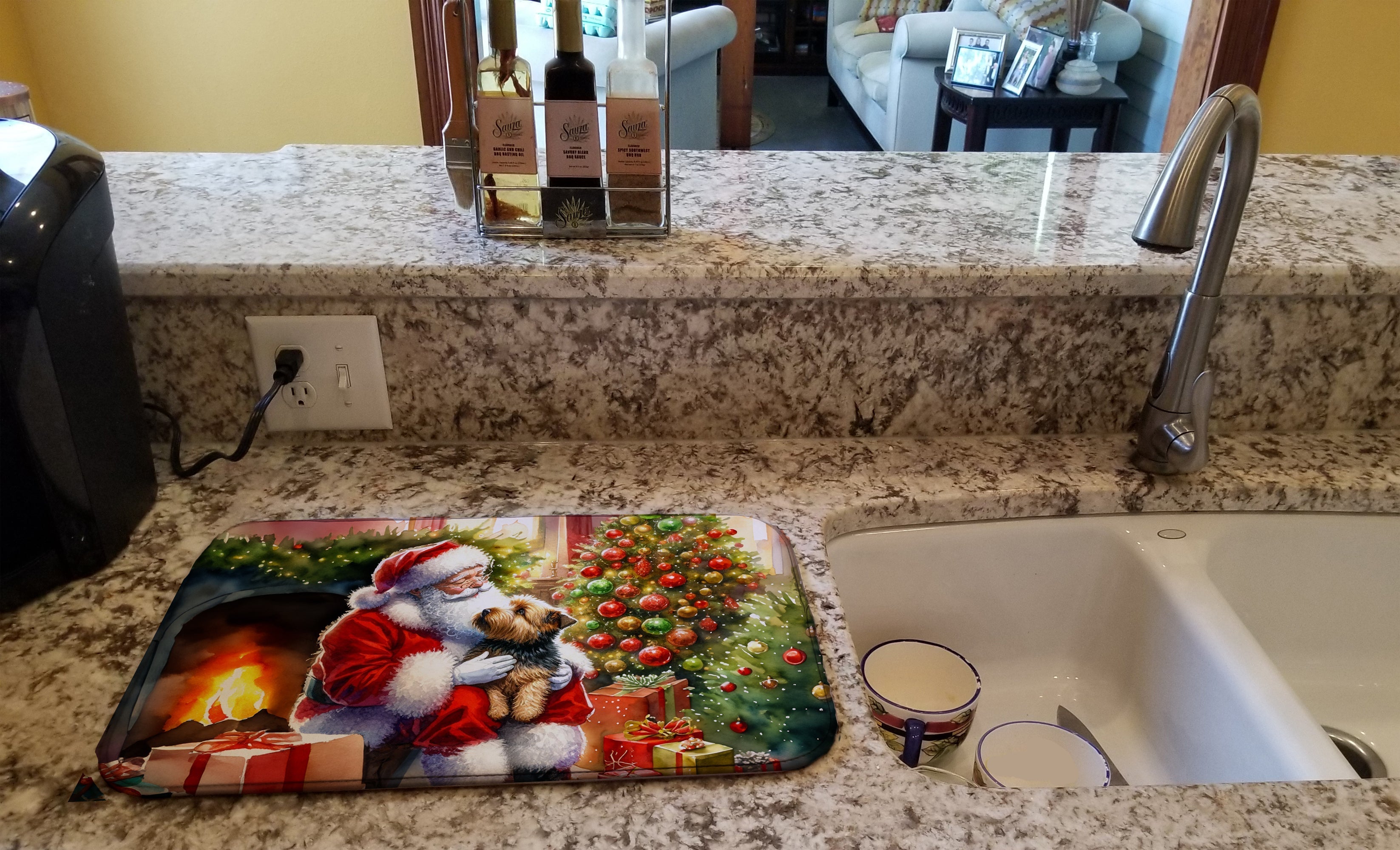 Norfolk Terrier and Santa Claus Dish Drying Mat Absorbent Dish Drying Mat Pad for Kitchen Counter Dish Drainer Mat for Countertop, 14 x 21", Multicolor