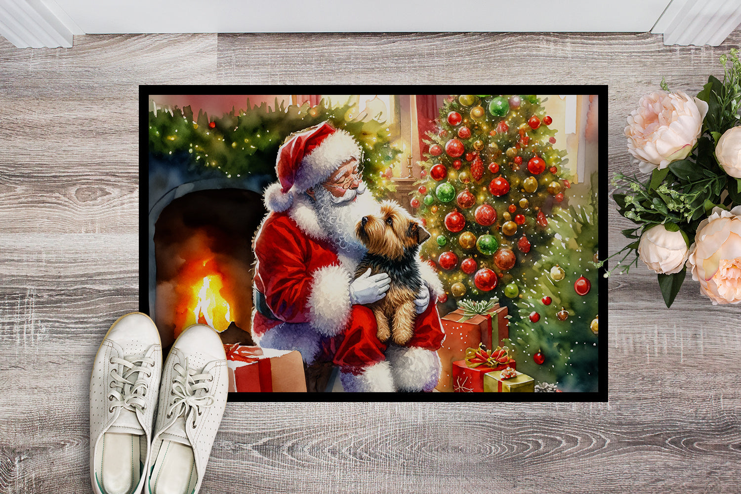 Norfolk Terrier and Santa Claus Doormat Indoor Outdoor 24H X 36W Front Door Mat Rugs for Entryway, Non Slip Washable Low Pile,