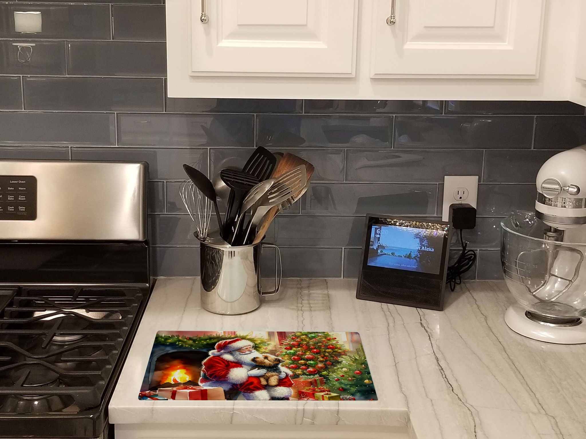 Norfolk Terrier and Santa Claus Cutting Board Tempered Glass Kitchen Cutting Surface, Heat Resistant Chopping, Non-Slip Feet, Food Prep & Serving
