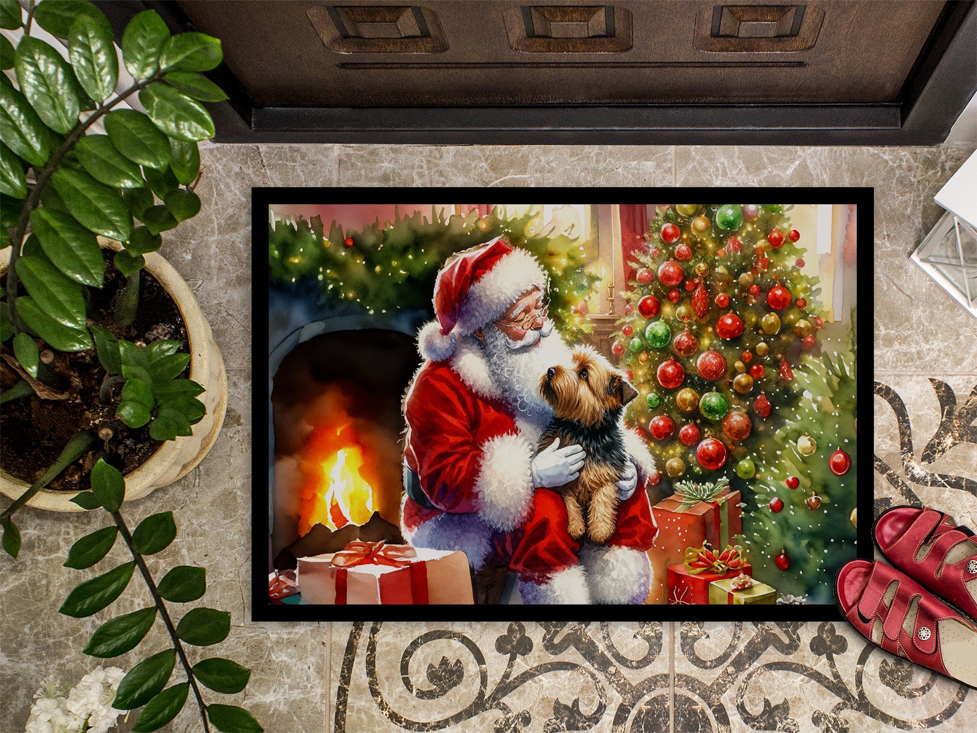 Norfolk Terrier and Santa Claus Doormat Indoor Outdoor 18H X 27W Front Door Mat Rugs for Entryway, Non Slip Washable