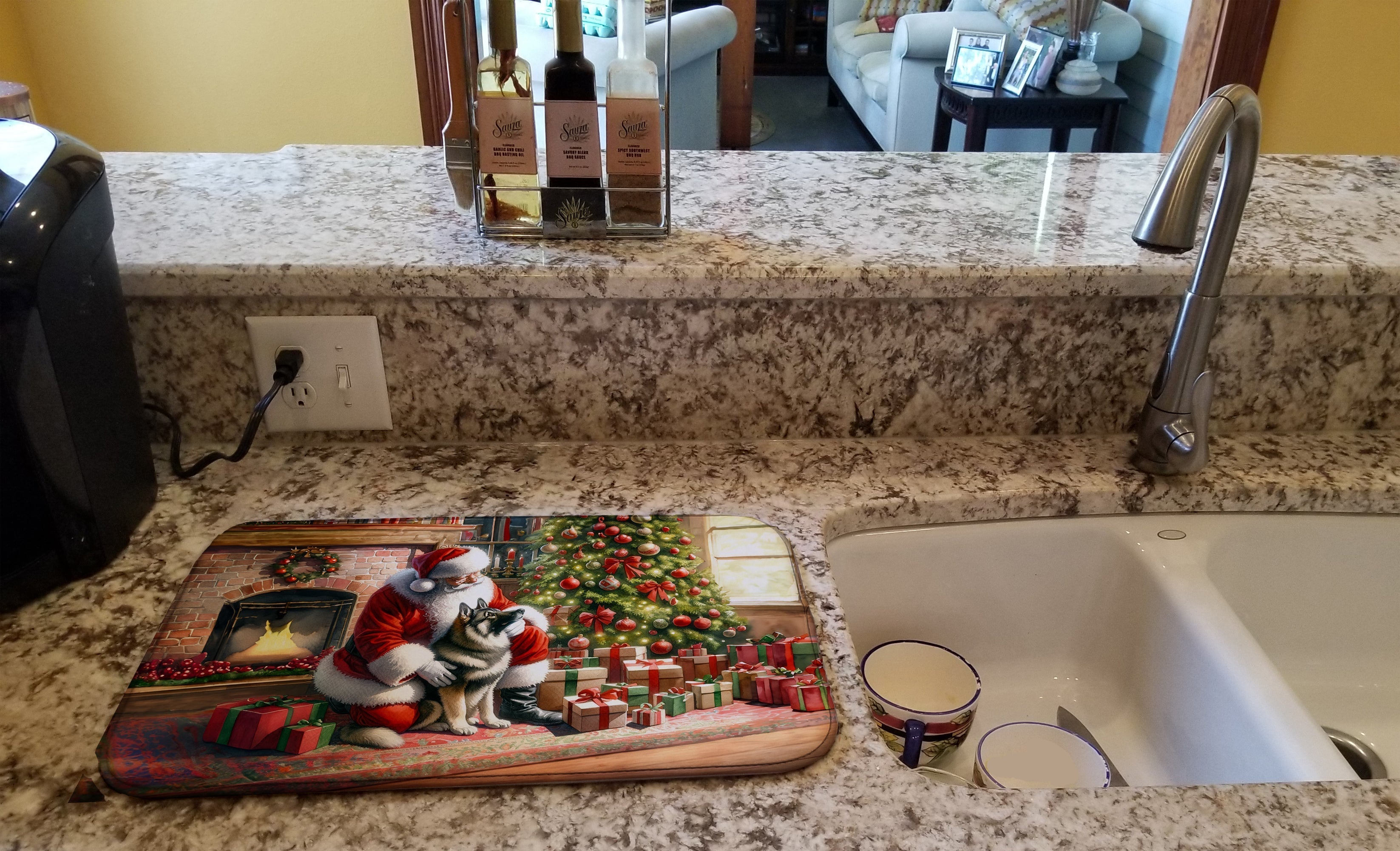 Norwegian Elkhound and Santa Claus Dish Drying Mat Absorbent Dish Drying Mat Pad for Kitchen Counter Dish Drainer Mat for Countertop, 14 x 21", Multicolor