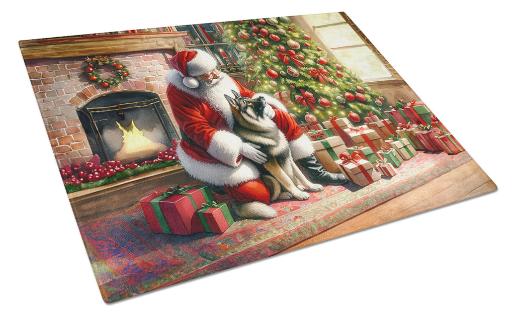 Norwegian Elkhound and Santa Claus Cutting Board Tempered Glass Kitchen Cutting Surface, Heat Resistant Chopping, Non-Slip Feet, Food Prep & Serving