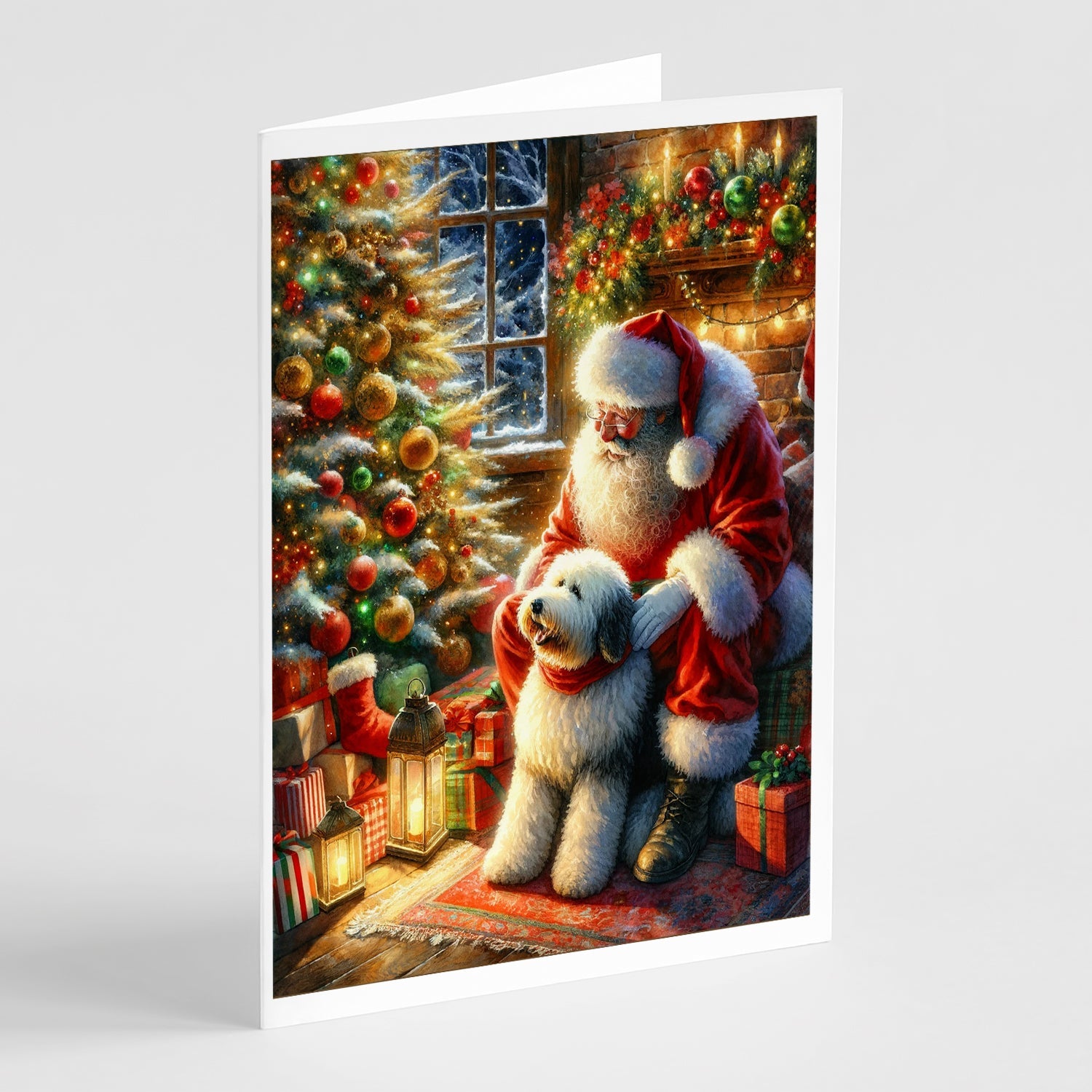Old English Sheepdog and Santa Claus Greeting Cards Pack of 8 Blank Cards with Envelopes Whimsical A7 Size 5x7