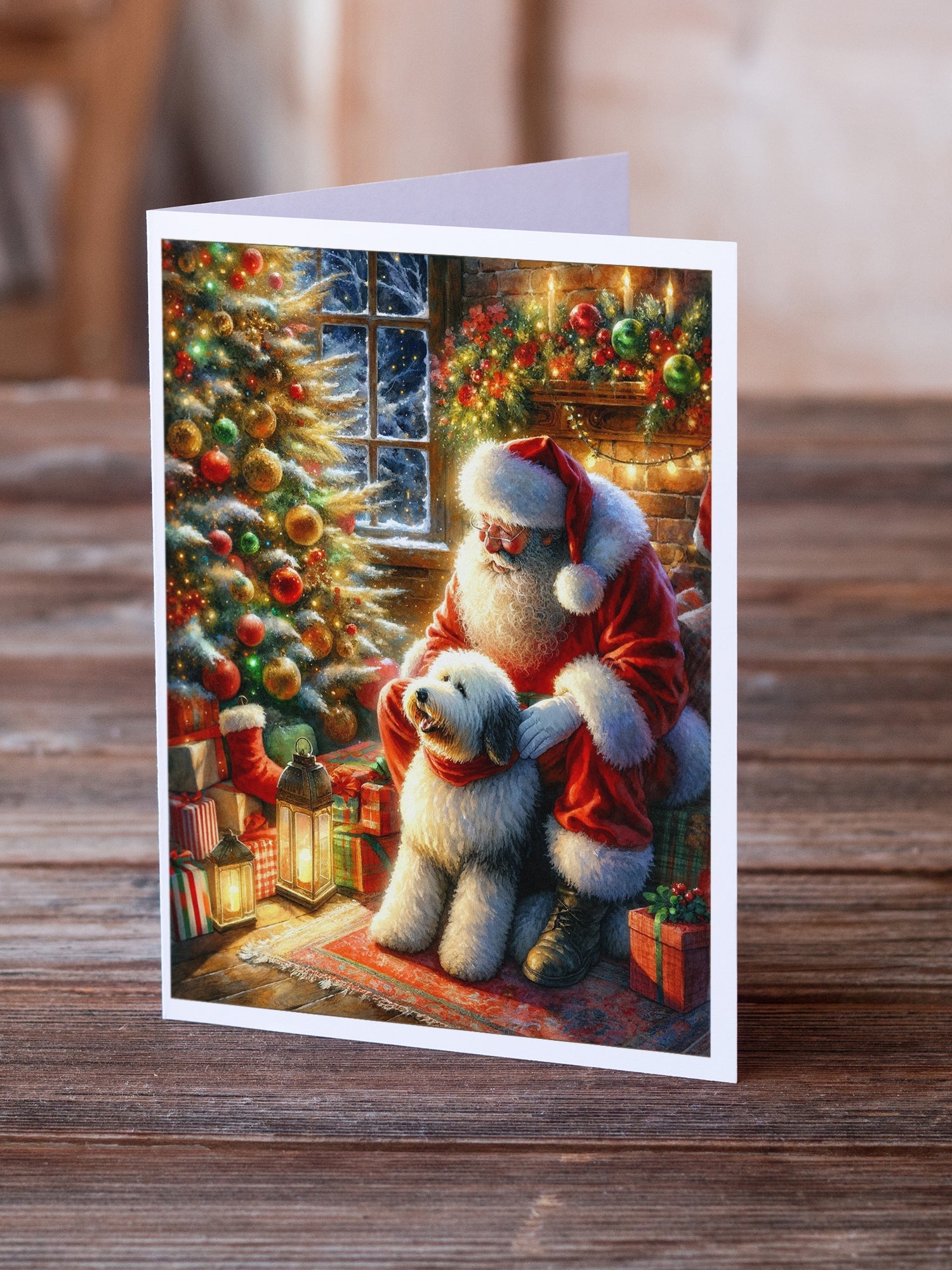 Old English Sheepdog and Santa Claus Greeting Cards Pack of 8 Blank Cards with Envelopes Whimsical A7 Size 5x7
