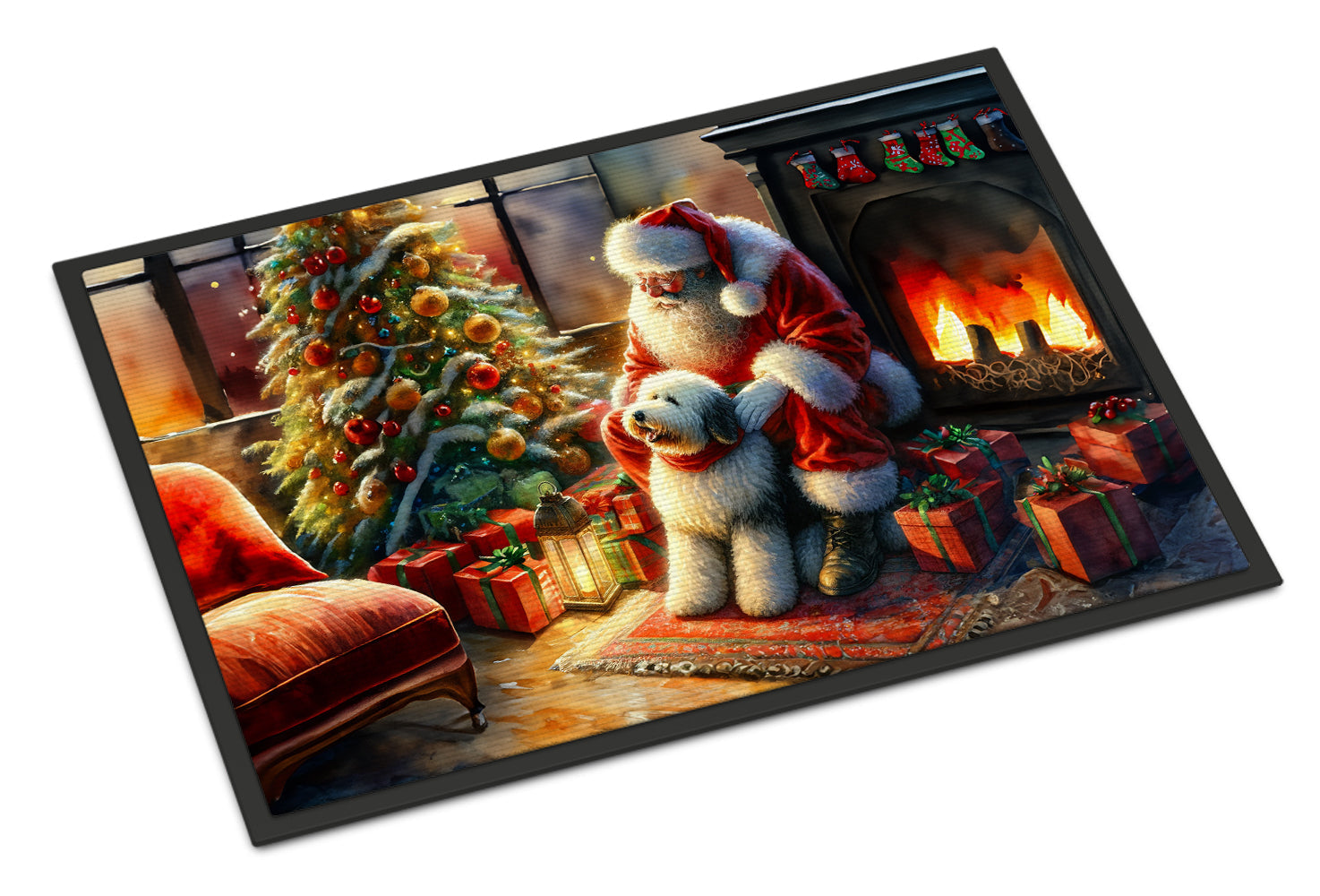 Old English Sheepdog and Santa Claus Doormat Indoor Outdoor 24H X 36W Front Door Mat Rugs for Entryway, Non Slip Washable Low Pile,