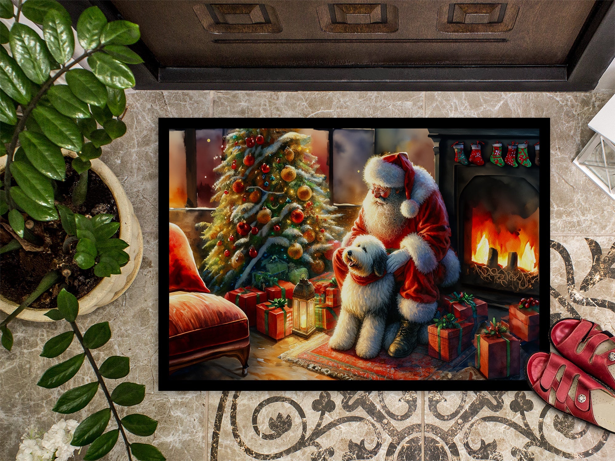 Old English Sheepdog and Santa Claus Doormat Indoor Outdoor 24H X 36W Front Door Mat Rugs for Entryway, Non Slip Washable Low Pile,