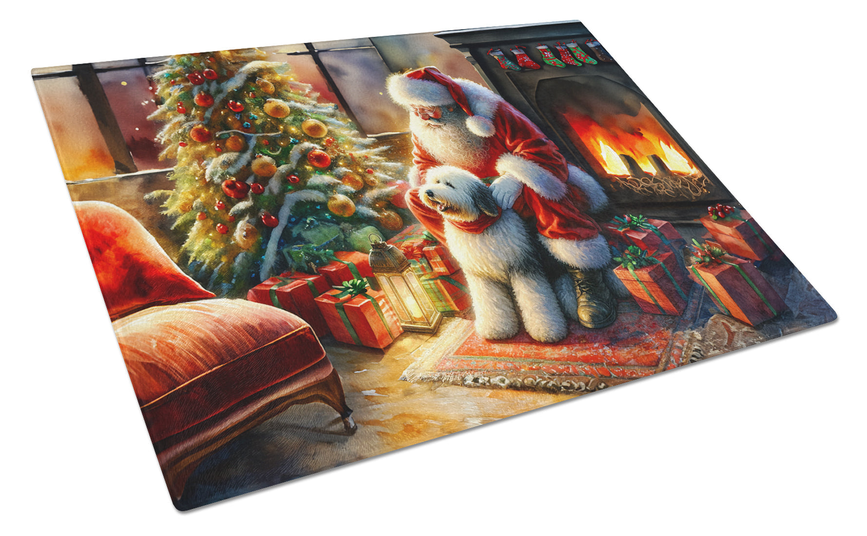 Old English Sheepdog and Santa Claus Cutting Board Tempered Glass Kitchen Cutting Surface, Heat Resistant Chopping, Non-Slip Feet, Food Prep & Serving