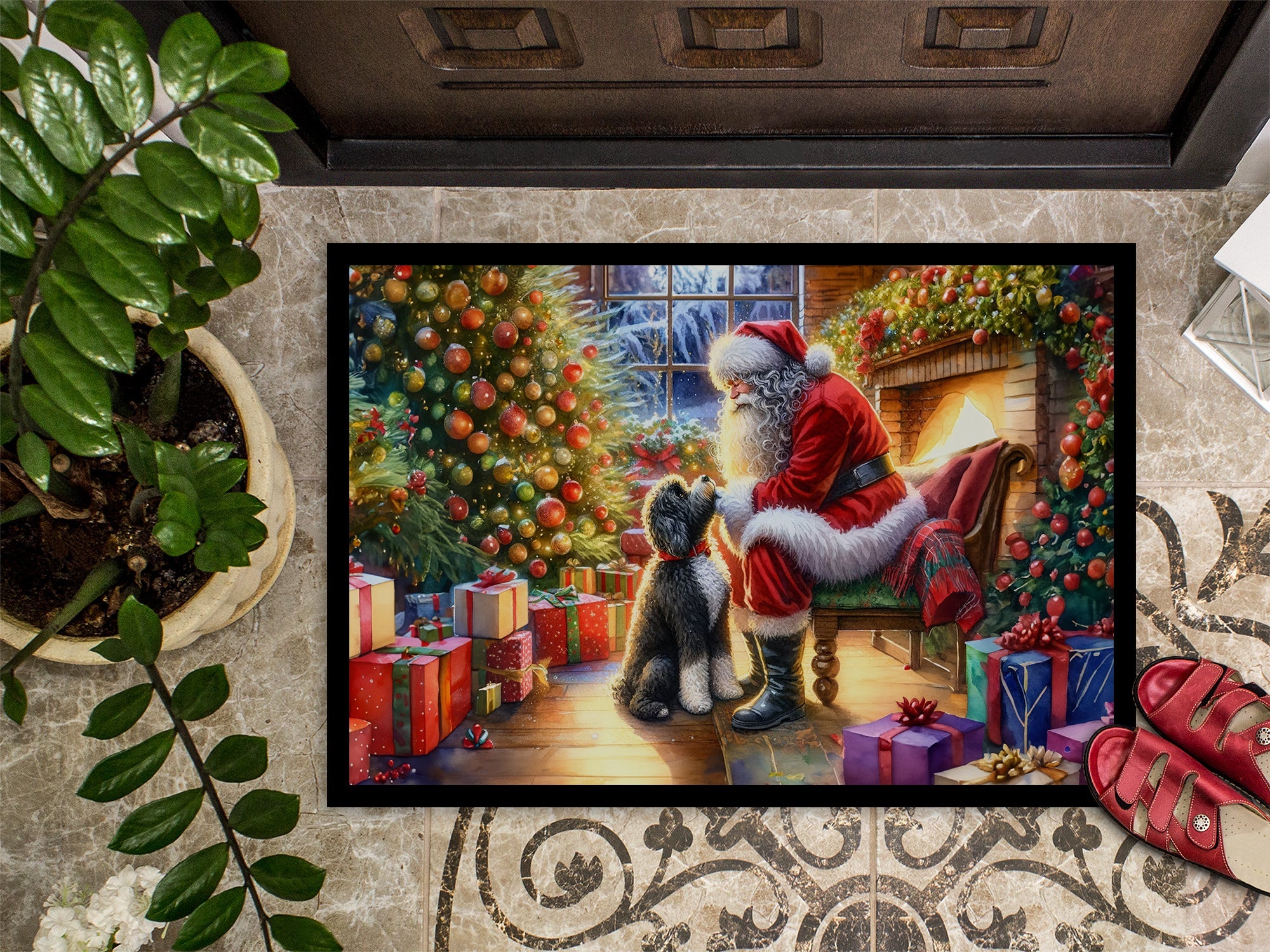 Portuguese Water Dog and Santa Claus Doormat Indoor Outdoor 18H X 27W Front Door Mat Rugs for Entryway, Non Slip Washable