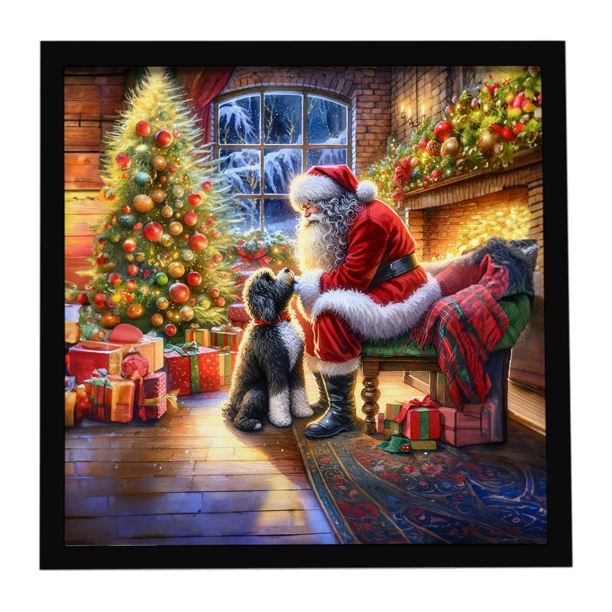 Portuguese Water Dog and Santa Claus Framed Metal Print Bathroom, Kitchen, Office, Home Decor Wall Art Ready to Hang, Square, 8X8