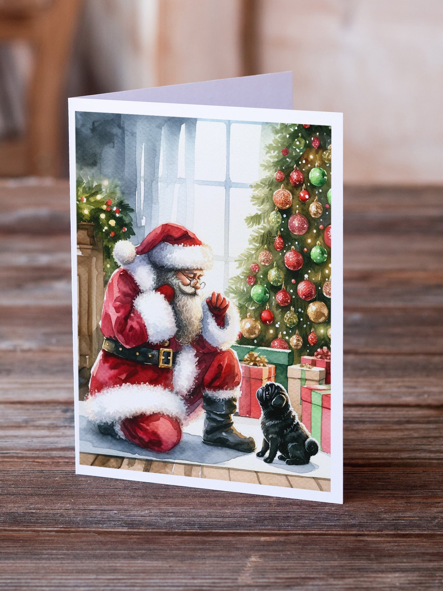 Black Pug and Santa Claus Greeting Cards Pack of 8 Blank Cards with Envelopes Whimsical A7 Size 5x7