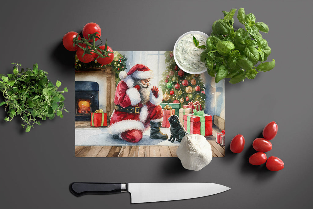 Black Pug and Santa Claus Cutting Board Tempered Glass Kitchen Cutting Surface, Heat Resistant Chopping, Non-Slip Feet, Food Prep & Serving