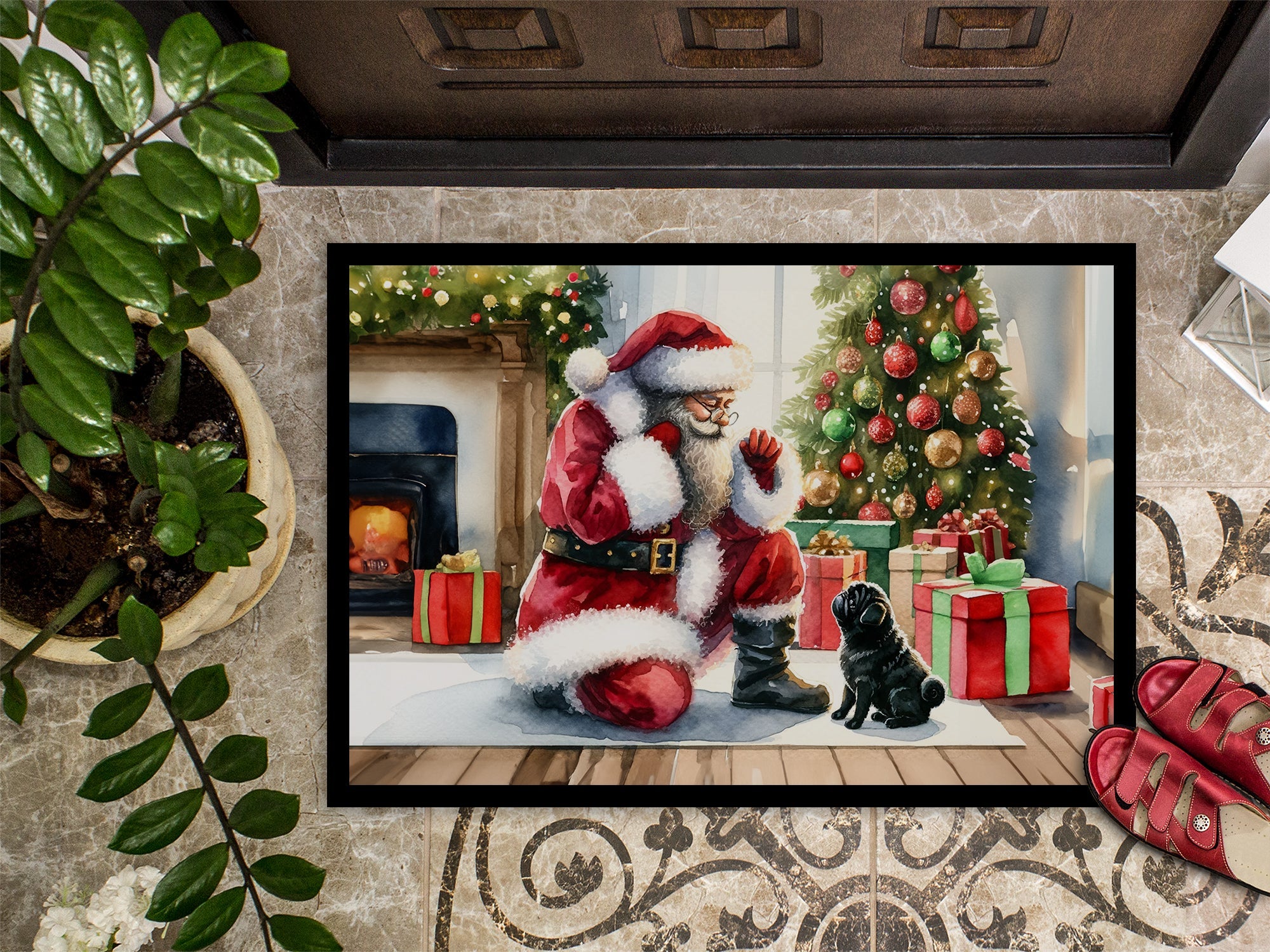 Black Pug and Santa Claus Doormat Indoor Outdoor 18H X 27W Front Door Mat Rugs for Entryway, Non Slip Washable