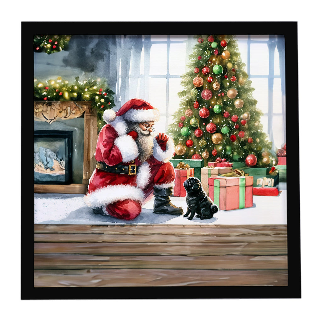 Black Pug and Santa Claus Framed Metal Print Bathroom, Kitchen, Office, Home Decor Wall Art Ready to Hang, Square, 8X8