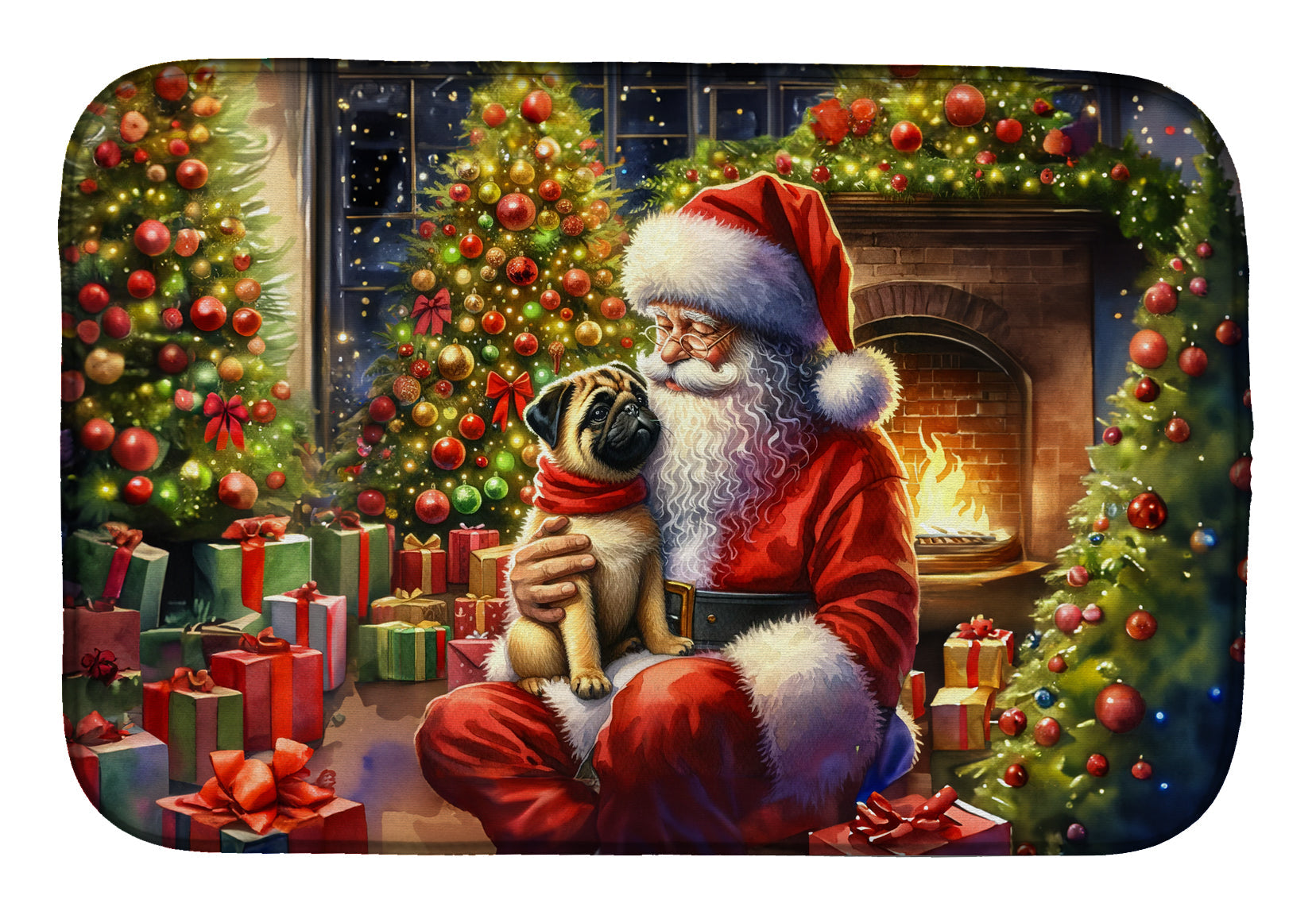 Fawn Pug and Santa Claus Dish Drying Mat Absorbent Dish Drying Mat Pad for Kitchen Counter Dish Drainer Mat for Countertop, 14 x 21", Multicolor