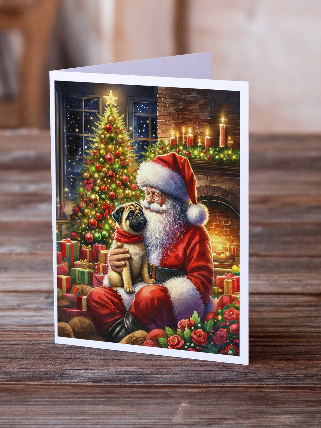Fawn Pug and Santa Claus Greeting Cards Pack of 8 Blank Cards with Envelopes Whimsical A7 Size 5x7