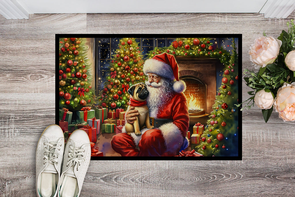 Fawn Pug and Santa Claus Doormat Indoor Outdoor 24H X 36W Front Door Mat Rugs for Entryway, Non Slip Washable Low Pile,