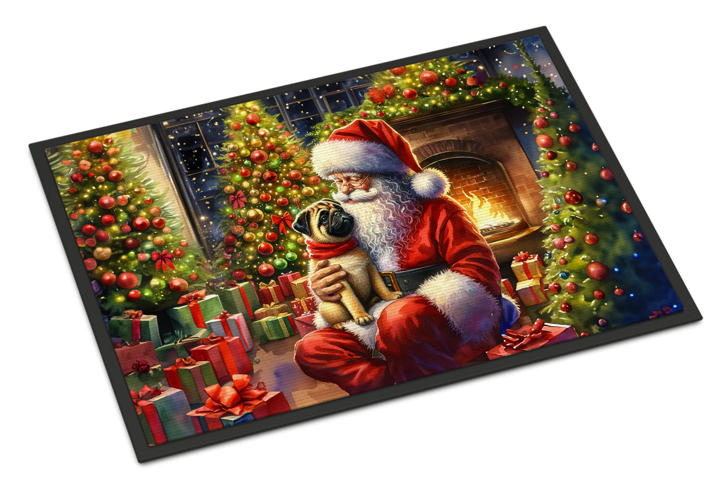 Fawn Pug and Santa Claus Doormat Indoor Outdoor 18H X 27W Front Door Mat Rugs for Entryway, Non Slip Washable