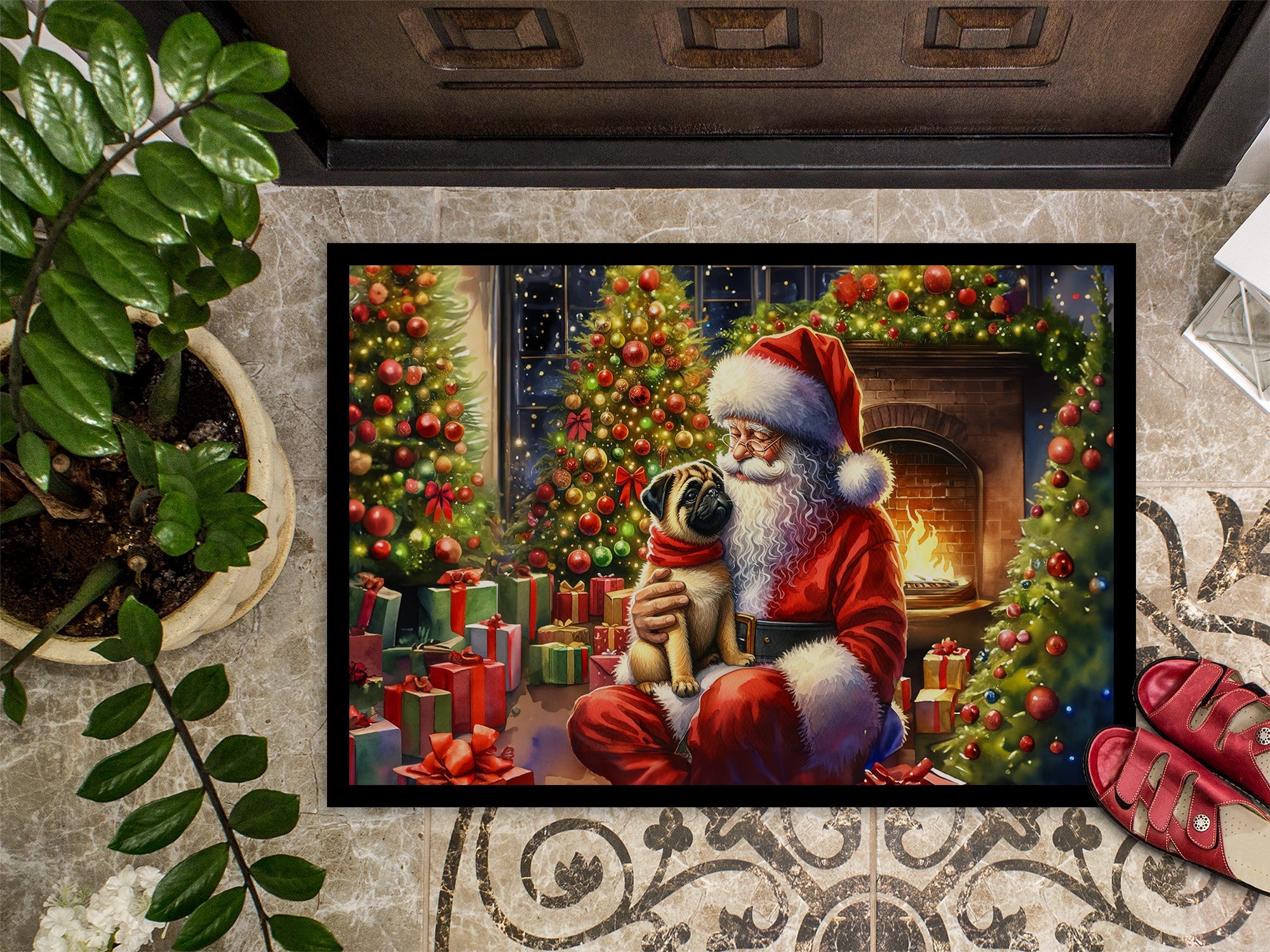 Fawn Pug and Santa Claus Doormat Indoor Outdoor 18H X 27W Front Door Mat Rugs for Entryway, Non Slip Washable