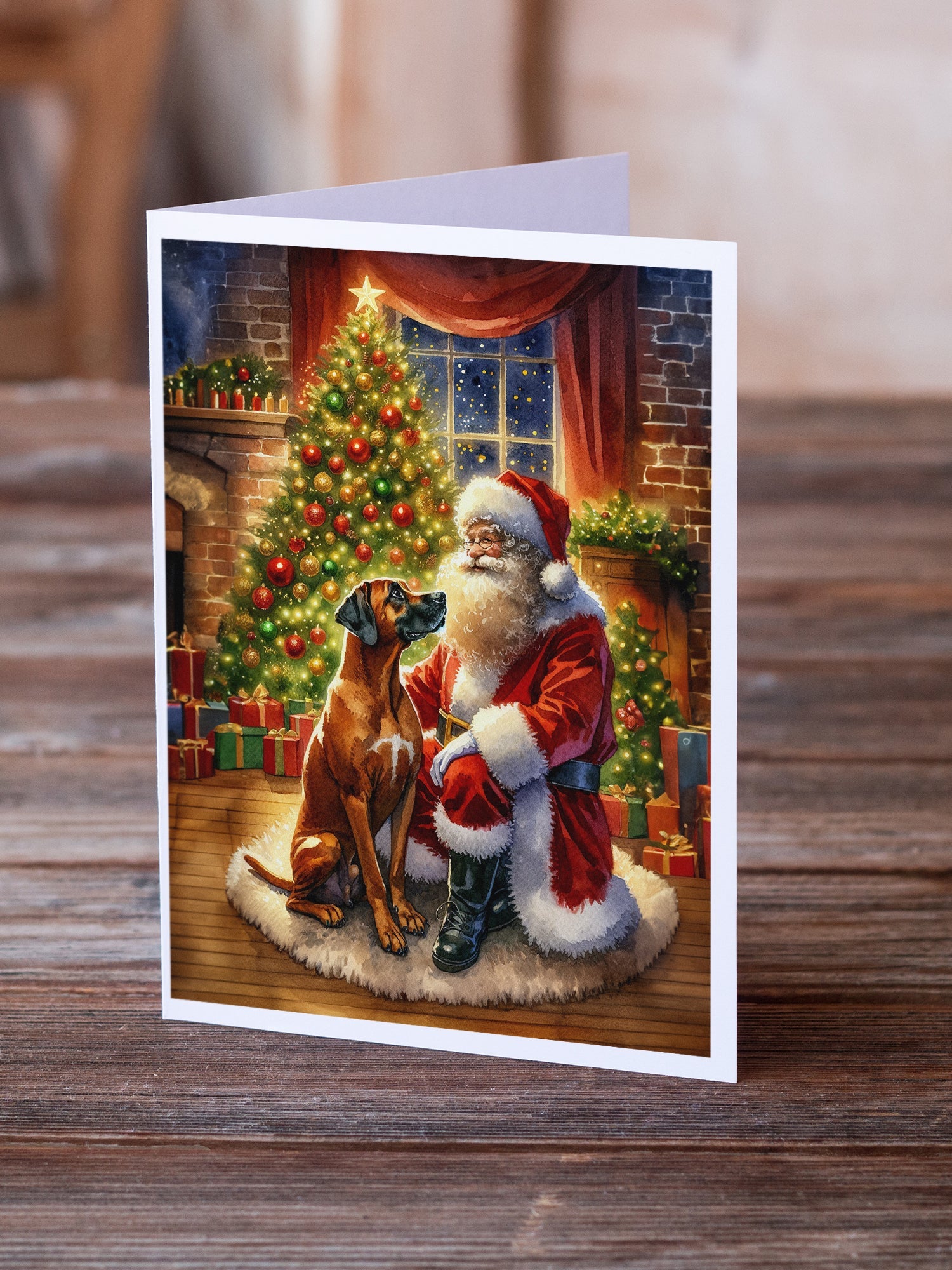 Rhodesian Ridgeback and Santa Claus Greeting Cards Pack of 8 Blank Cards with Envelopes Whimsical A7 Size 5x7