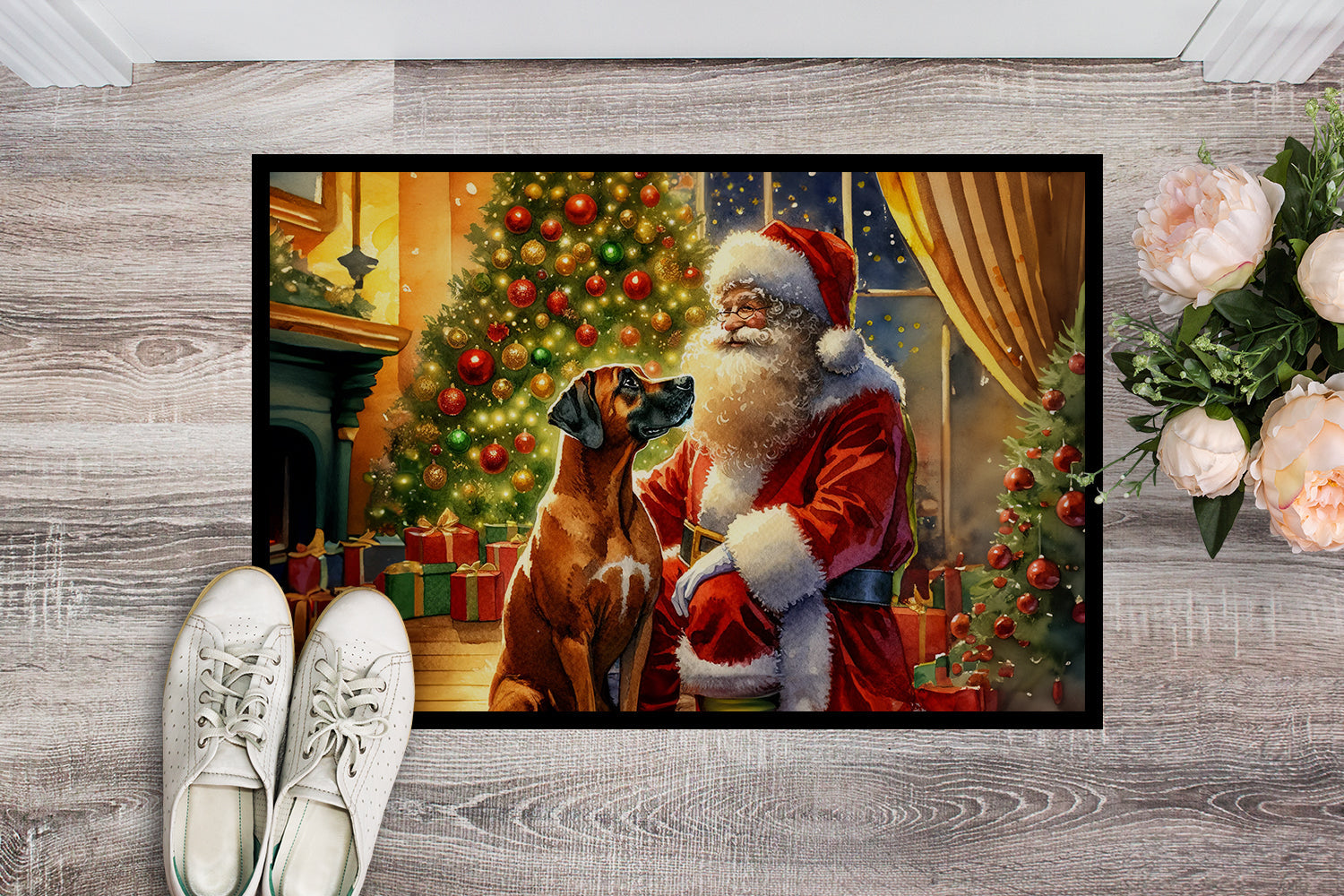 Rhodesian Ridgeback and Santa Claus Doormat Indoor Outdoor 24H X 36W Front Door Mat Rugs for Entryway, Non Slip Washable Low Pile,