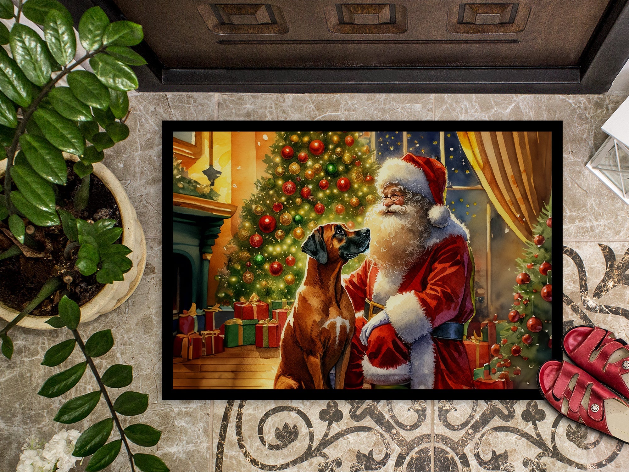 Rhodesian Ridgeback and Santa Claus Doormat Indoor Outdoor 24H X 36W Front Door Mat Rugs for Entryway, Non Slip Washable Low Pile,