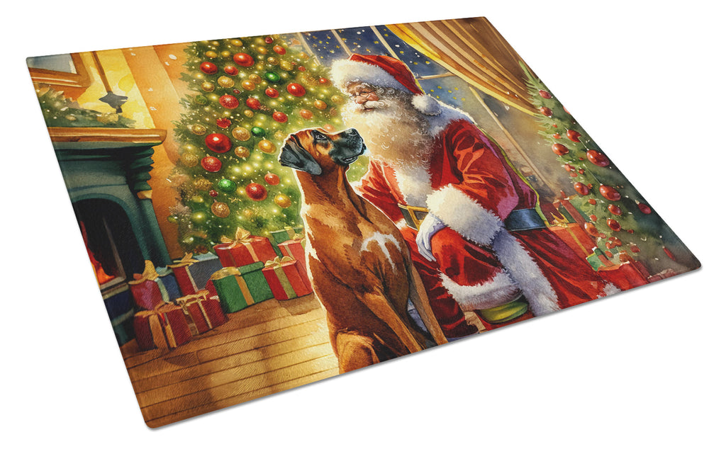Rhodesian Ridgeback and Santa Claus Cutting Board Tempered Glass Kitchen Cutting Surface, Heat Resistant Chopping, Non-Slip Feet, Food Prep & Serving