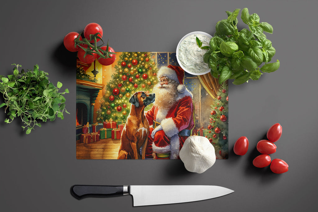 Rhodesian Ridgeback and Santa Claus Cutting Board Tempered Glass Kitchen Cutting Surface, Heat Resistant Chopping, Non-Slip Feet, Food Prep & Serving
