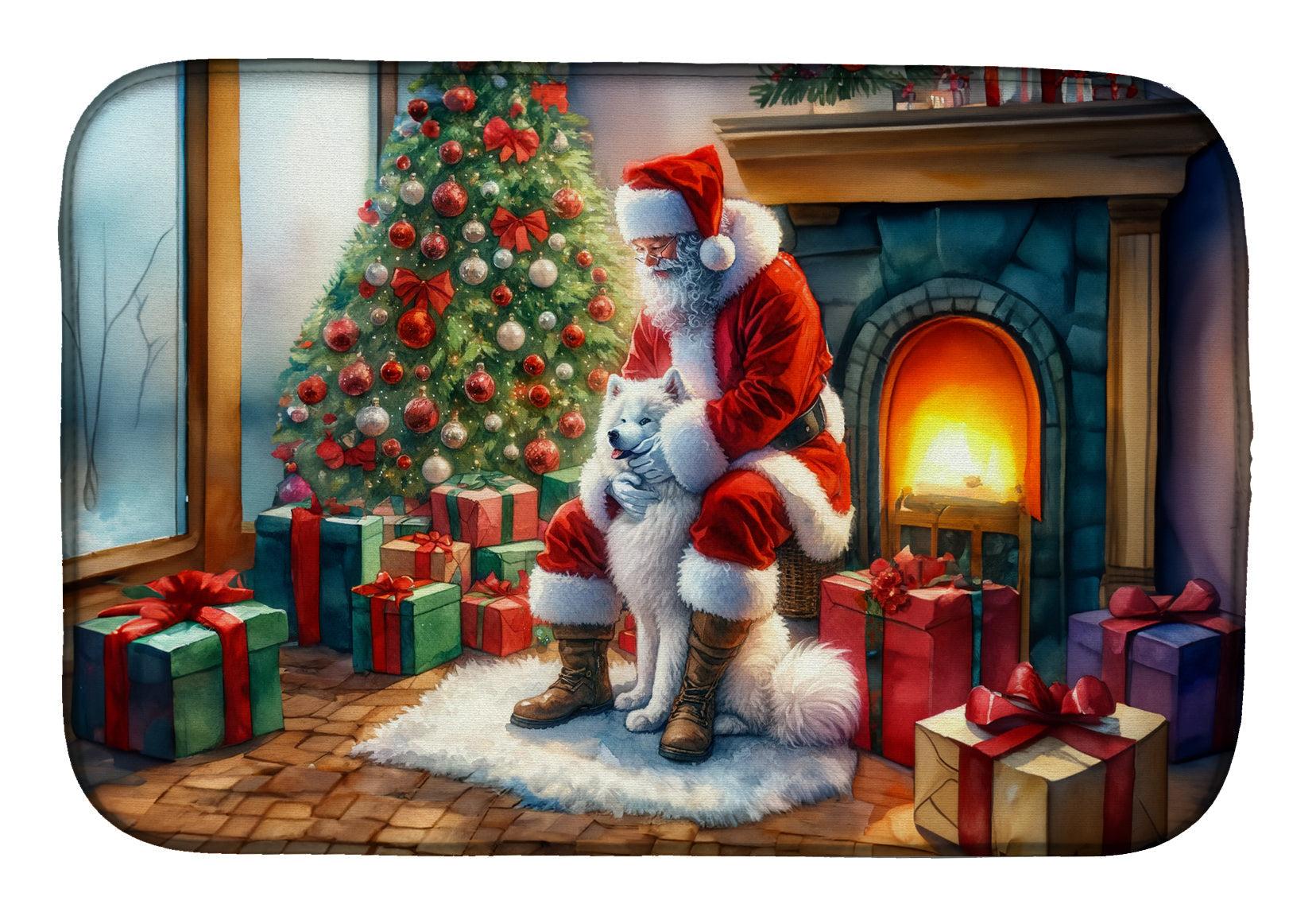 Samoyed and Santa Claus Dish Drying Mat Absorbent Dish Drying Mat Pad for Kitchen Counter Dish Drainer Mat for Countertop, 14 x 21", Multicolor