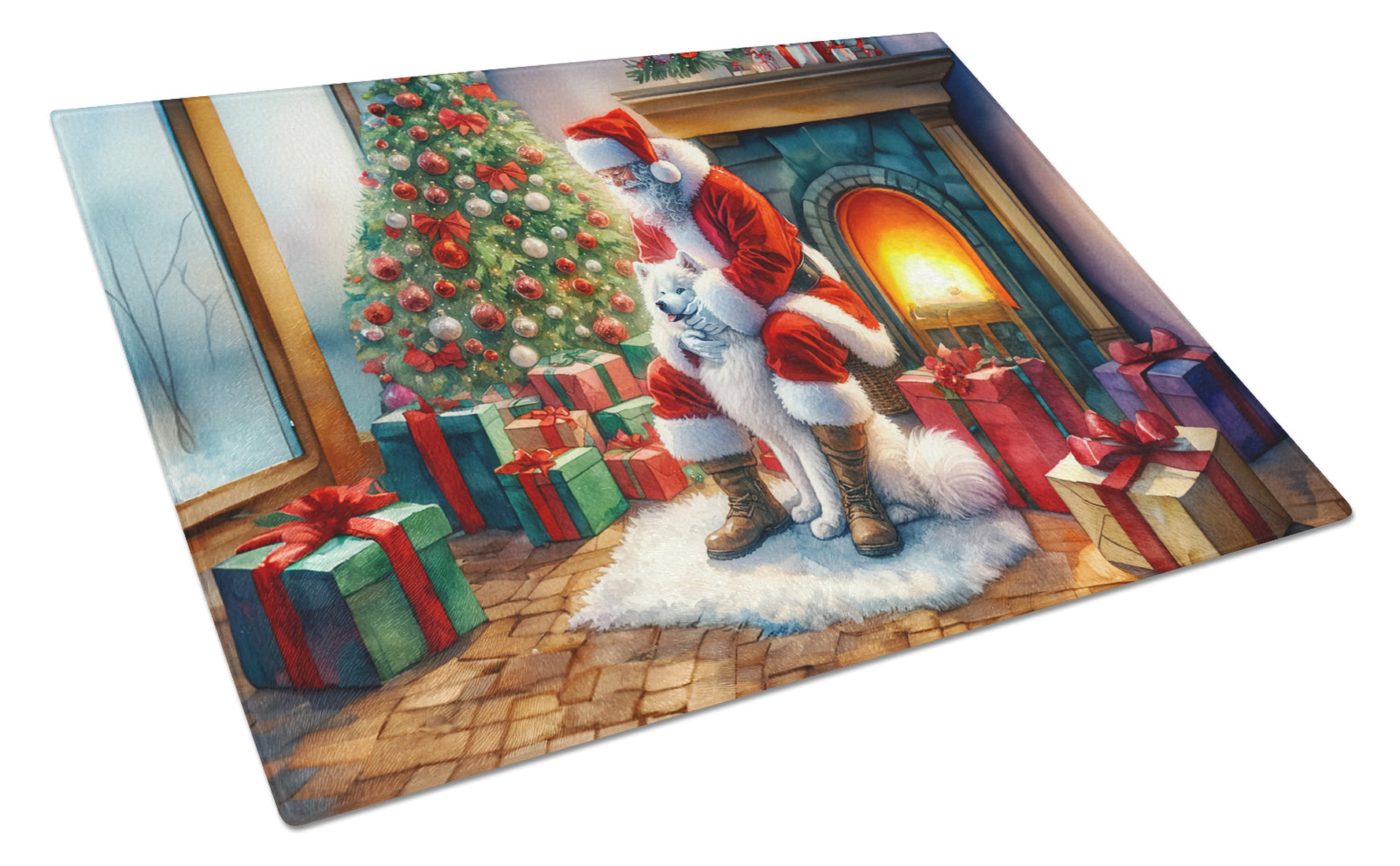 Samoyed and Santa Claus Cutting Board Tempered Glass Kitchen Cutting Surface, Heat Resistant Chopping, Non-Slip Feet, Food Prep & Serving