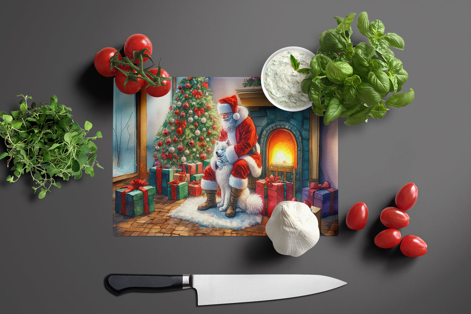 Samoyed and Santa Claus Cutting Board Tempered Glass Kitchen Cutting Surface, Heat Resistant Chopping, Non-Slip Feet, Food Prep & Serving