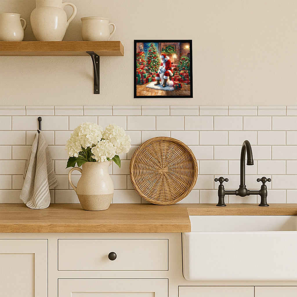 Samoyed and Santa Claus Framed Metal Print Bathroom, Kitchen, Office, Home Decor Wall Art Ready to Hang, Square, 8X8