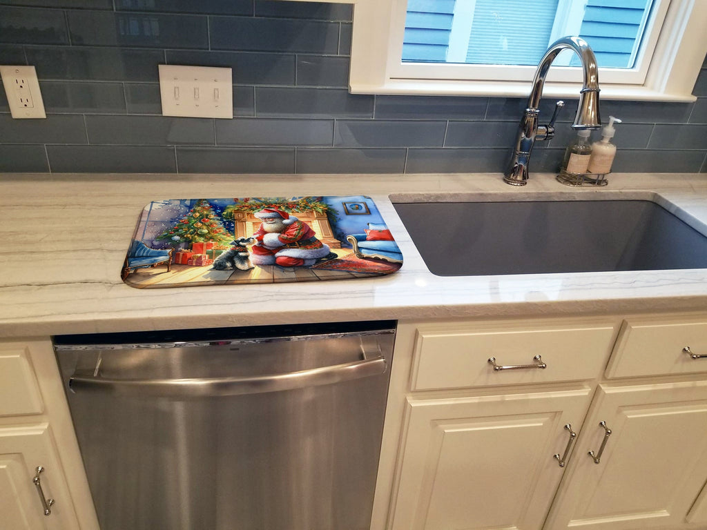 Schnauzer and Santa Claus Dish Drying Mat Absorbent Dish Drying Mat Pad for Kitchen Counter Dish Drainer Mat for Countertop, 14 x 21", Multicolor