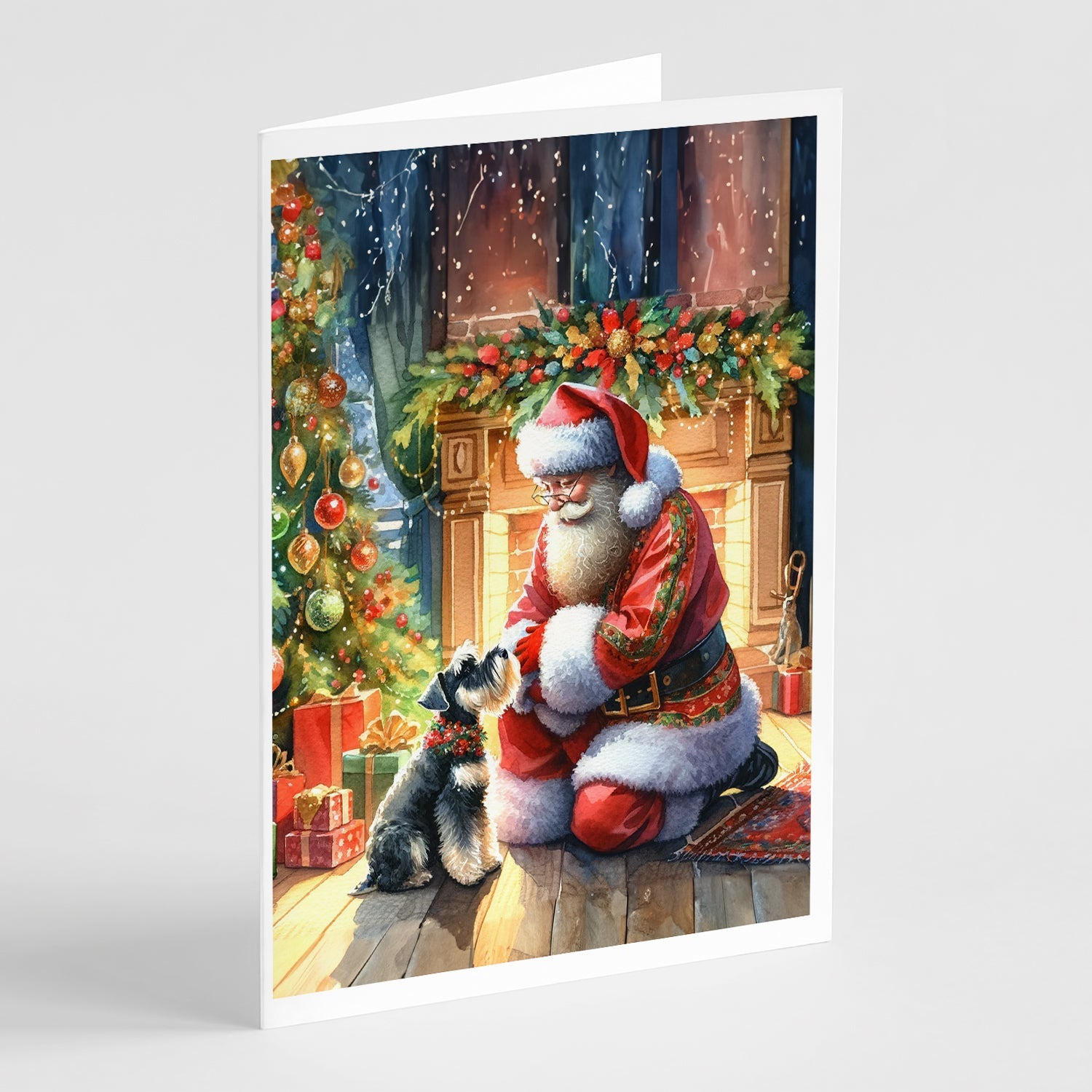 Schnauzer and Santa Claus Greeting Cards Pack of 8 Blank Cards with Envelopes Whimsical A7 Size 5x7
