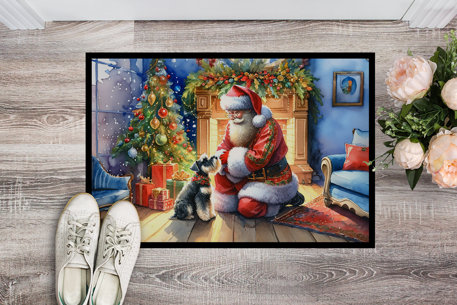 Schnauzer and Santa Claus Doormat Indoor Outdoor 18H X 27W Front Door Mat Rugs for Entryway, Non Slip Washable