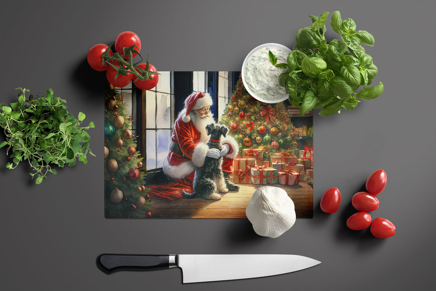Schnauzer and Santa Claus Cutting Board Tempered Glass Kitchen Cutting Surface, Heat Resistant Chopping, Non-Slip Feet, Food Prep & Serving