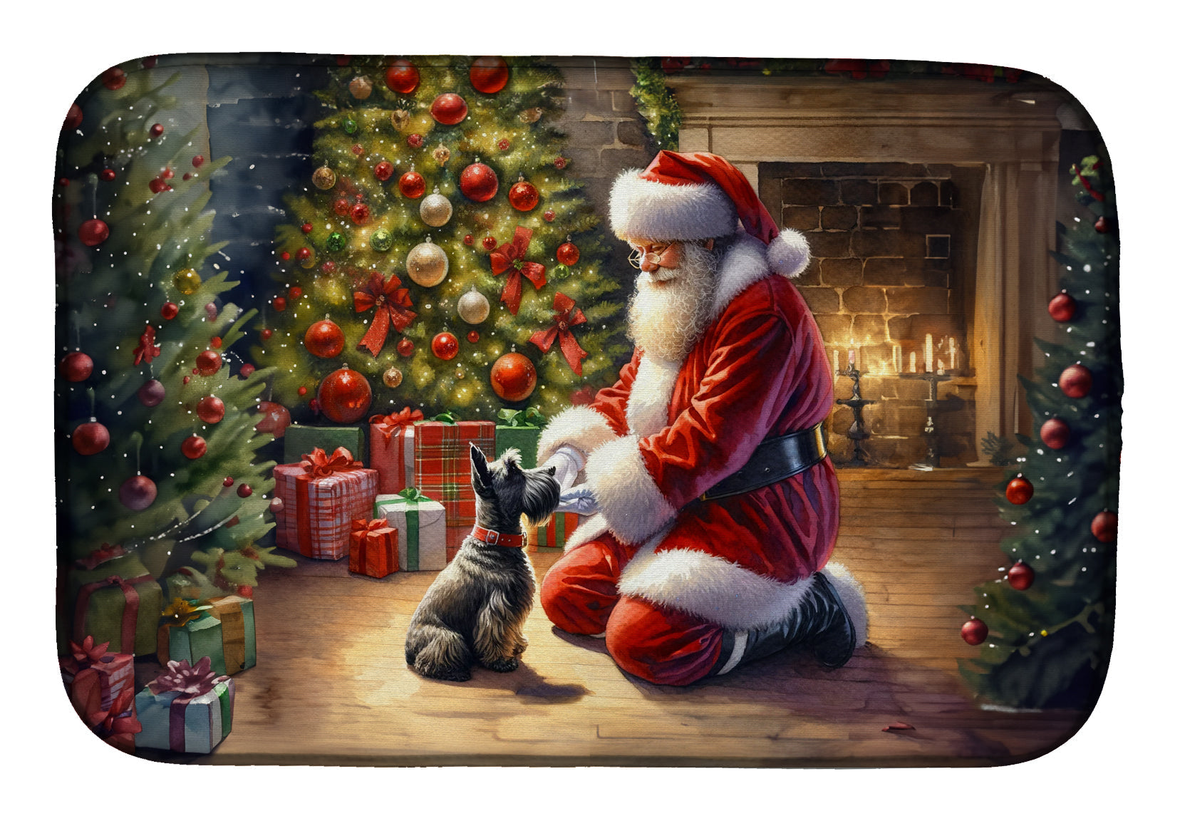 Scottish Terrier and Santa Claus Dish Drying Mat Absorbent Dish Drying Mat Pad for Kitchen Counter Dish Drainer Mat for Countertop, 14 x 21", Multicolor